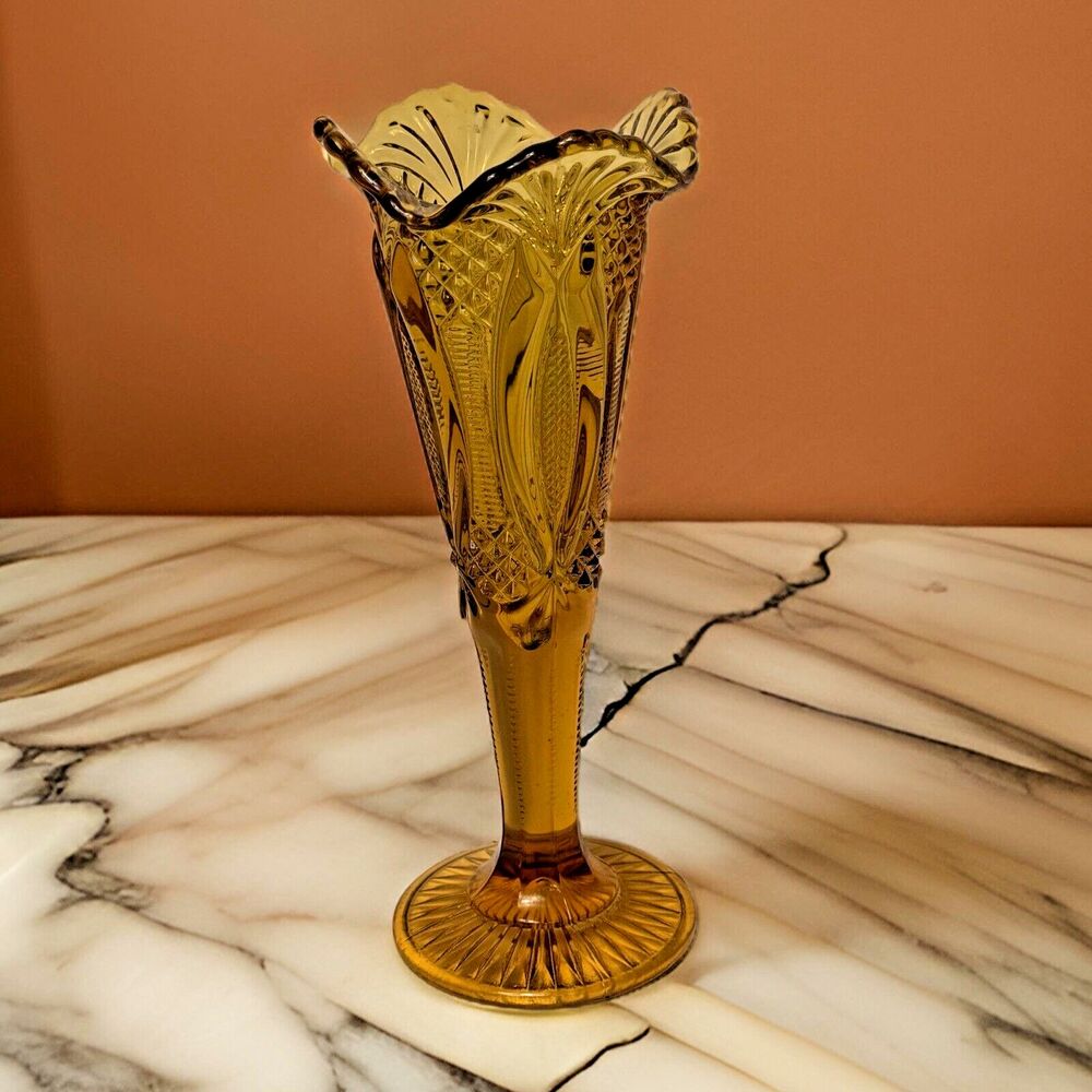 Vintage 10" Amber Glass Flared Vase File & Diamond Pattern